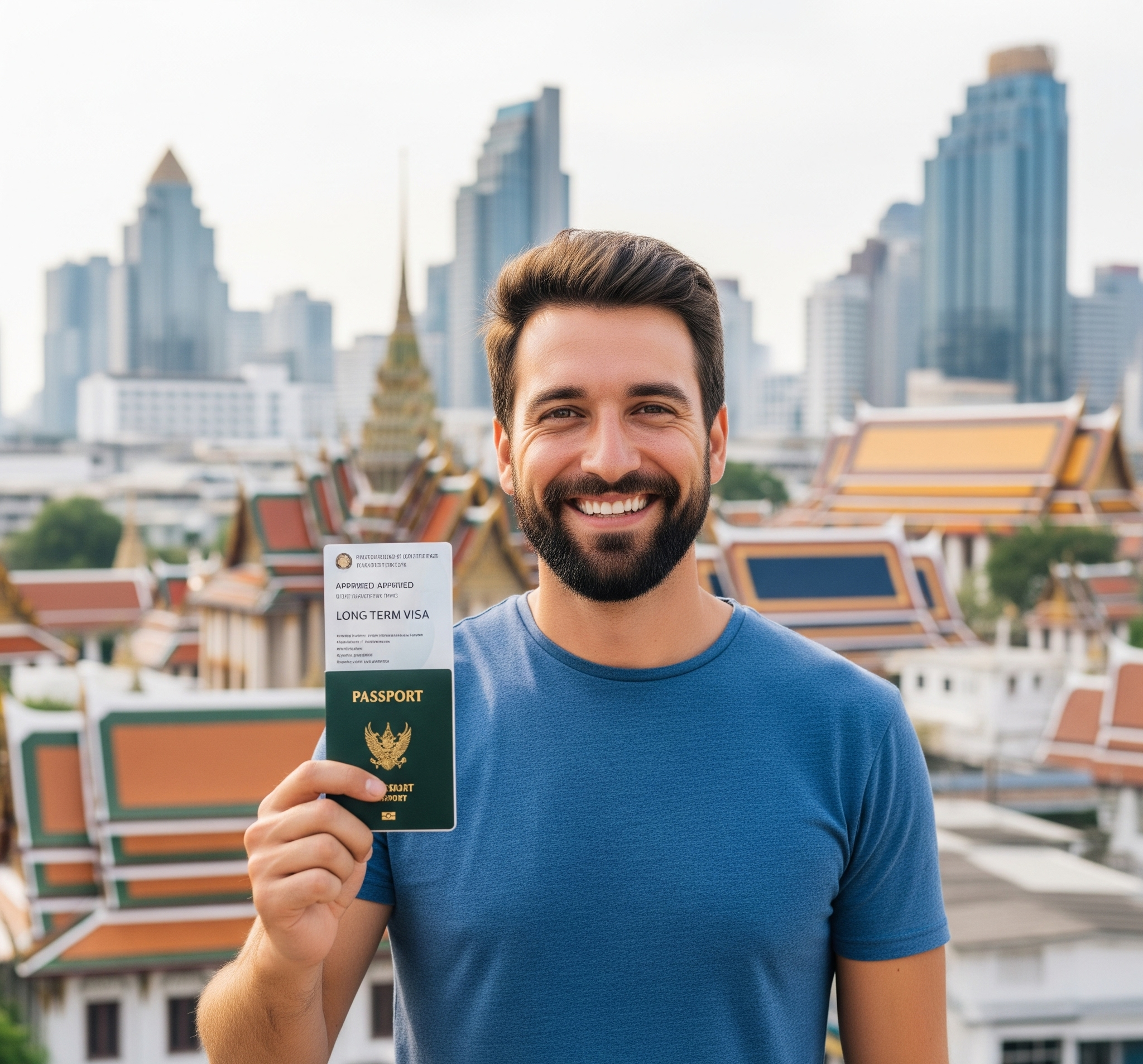 Western expat in Bangkok with long-term visa and modern buildings behind - visa conversion guide