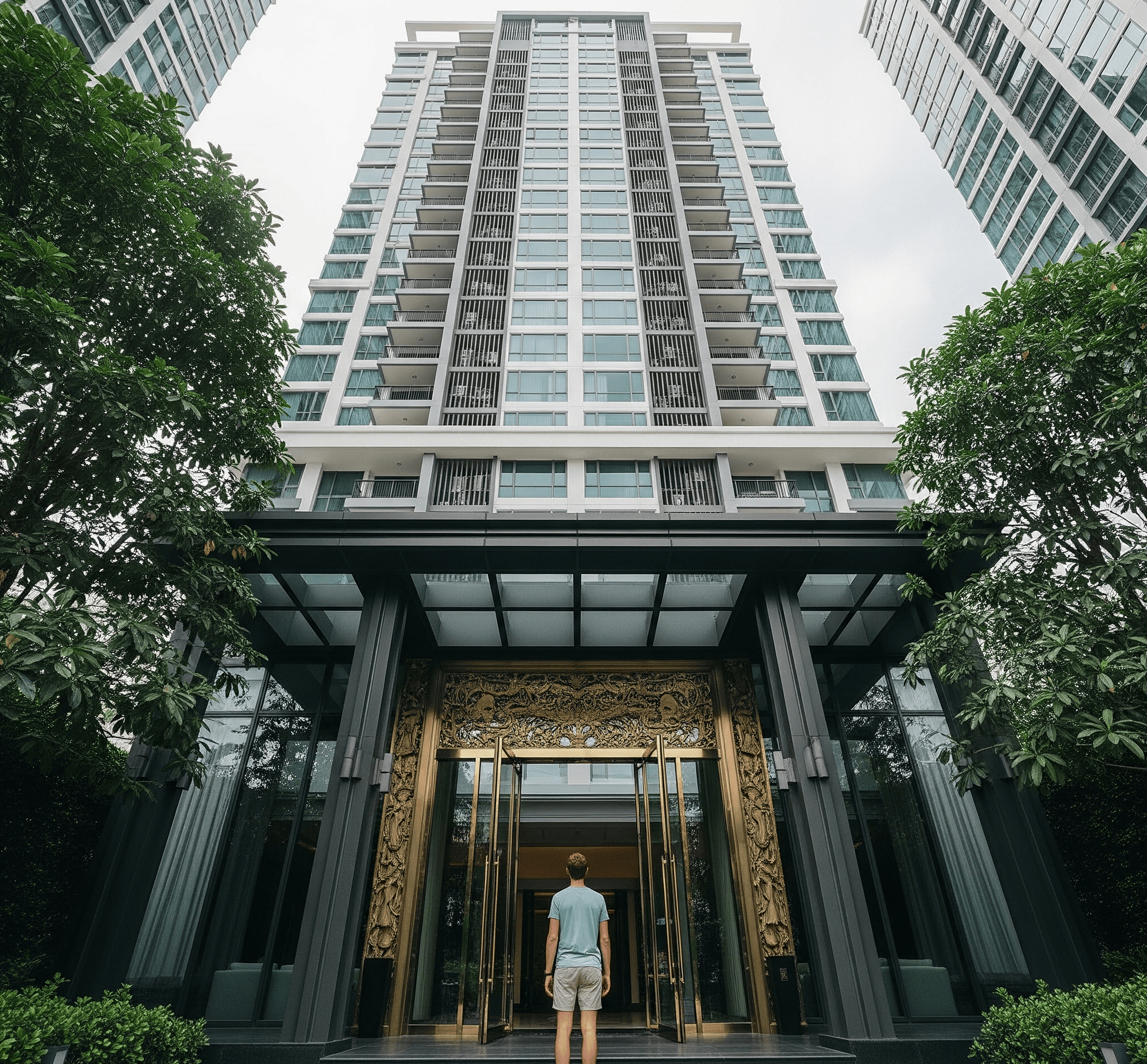 Western expat looking up at luxury Bangkok condominium during relocation process with virtual buddy support