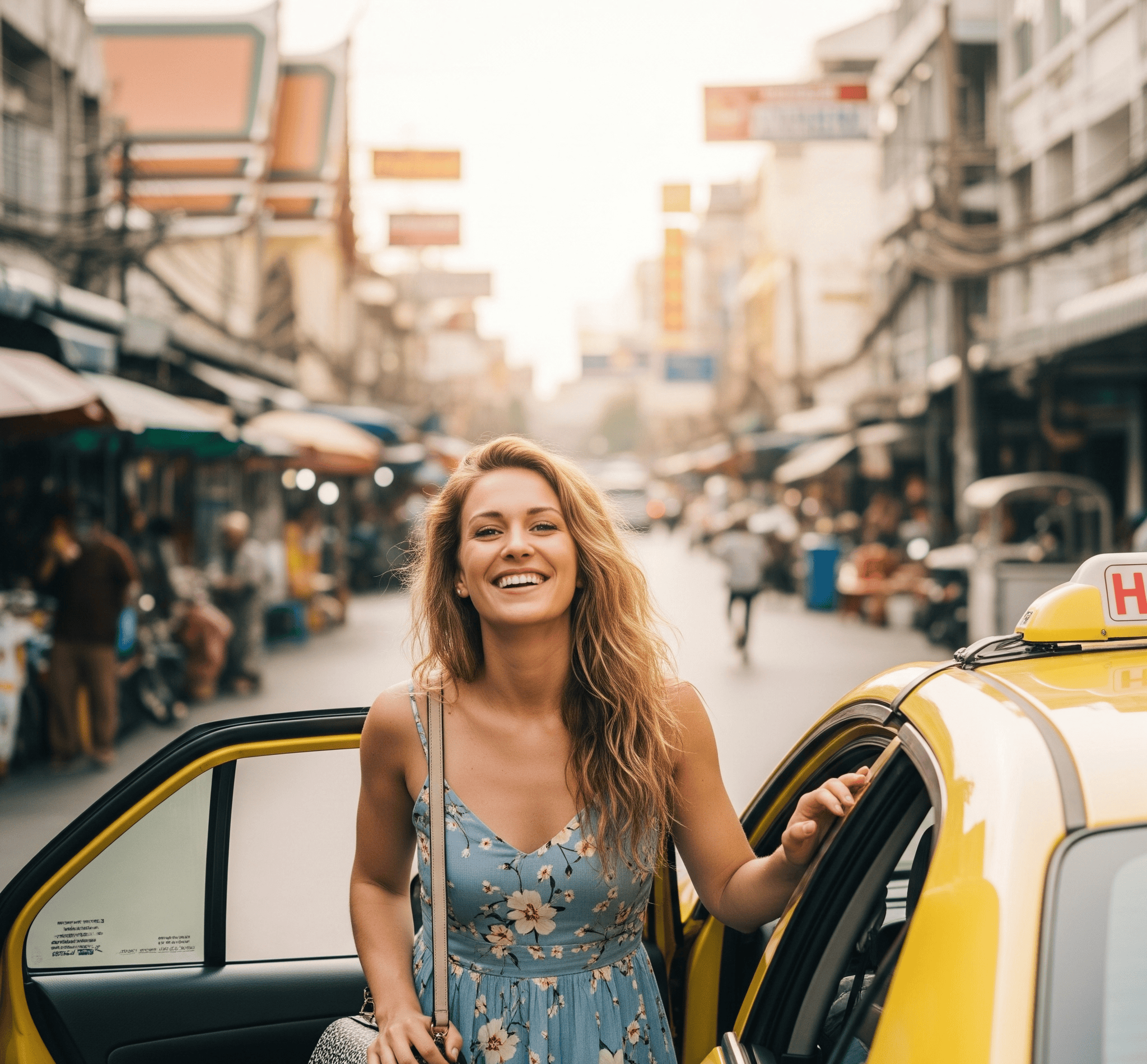 Western expat woman confidently exiting taxi in Bangkok - representing the prepared, stress-free arrival that our research service enables